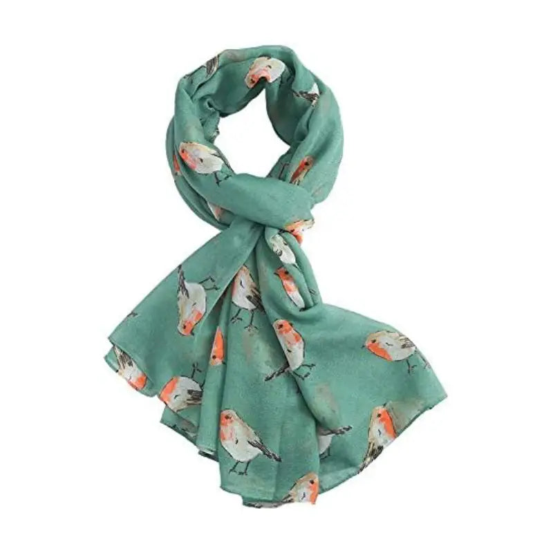 MEIZ Green Super Soft Ladies WATERCOLOUR ROBINS Bird Print Scarf Shawl Festival Present
