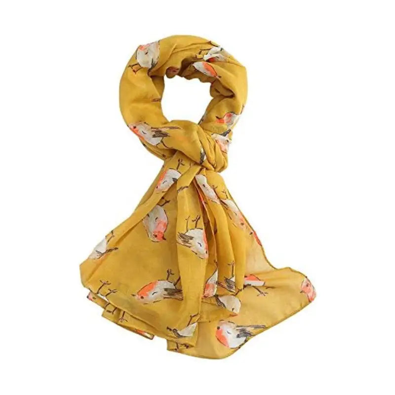 MEIZ Mustard Yellow Super Soft Ladies WATERCOLOUR ROBINS Bird Print Scarf Shawl Festival Present